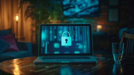 Obraz premium The password displayed on the laptop screen, with a blue lock icon, symbolizes digital protection.