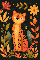 Jaguar in the jungle, kid's illustration, vector style