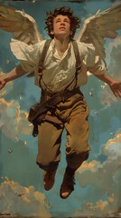 Fototapeta premium Young Man with Wings Soaring Through the Clouds.