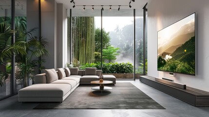 Fototapeta premium Modern Living Room Interior Mockup: TV Cabinet and Stylish Decor