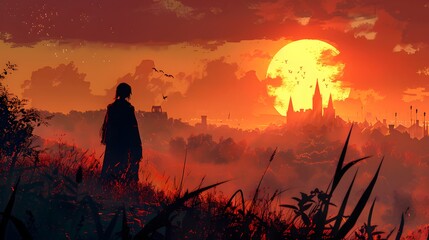 Silhouetted Figure Watching the Sunset Over a Distant City.