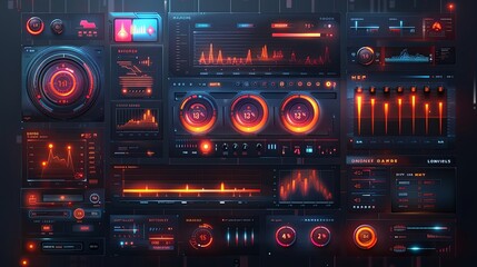 Obraz premium vector, illustration, User interface elements set for Smart home mobile app or web. Kit template with HUD, automation system, remote monitoring, room thermostat control, security. Pack of UI, UX, GUI.