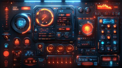 Obraz premium vector, illustration, User interface elements set for Smart home mobile app or web. Kit template with HUD, automation system, remote monitoring, room thermostat control, security. Pack of UI, UX, GUI.