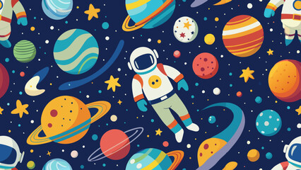 Space cosmos seamless pattern with astronaut and planets