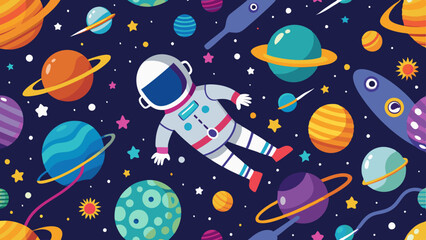 Space cosmos seamless pattern with astronaut and planets