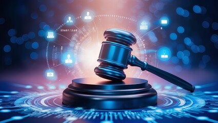 High Tech Blue Digital Gavel Surrounded by Digital Data on Blue Bokeh Background, Representing the Justice. judge hammer.