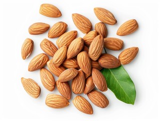 Fototapeta premium Almond nuts with green leaves are neatly arranged on a white surface, showcasing their unique texture and natural beauty