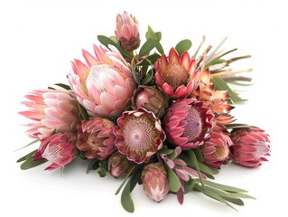 A stunning bouquet featuring king proteas and pincushions showcases vibrant colors and textures