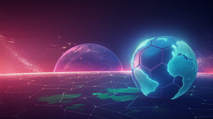 Obraz premium Earth shaped like a neon soccer ball in outer space. Futuristic global sports concept with copy space.