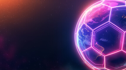 Earth shaped like a neon soccer ball in outer space. Futuristic global sports concept with copy space.