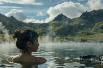 Fototapeta premium Woman Relaxing in a Hot Spring with a Mountain View