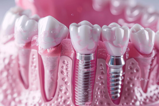 A closeup image of dental implants showcasing their integration into a model of artificial teeth and gums