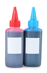 Bottles of different printer ink isolated on white