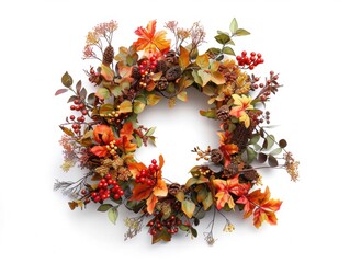 This fall wreath features vibrant faux leaves and berries, perfect for adding seasonal charm to any door