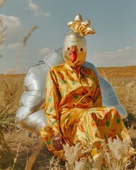 A person in a vibrant yellow outfit with chicken motifs sits against a sunny, blue sky background, wearing a whimsical mask, creating a surreal, humorous atmosphere