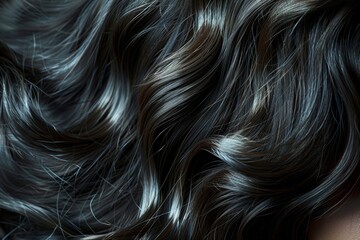 Naklejka premium Soft, shiny black curls flow gracefully, illuminated by gentle lighting in a tranquil indoor environment, showcasing texture and luster.