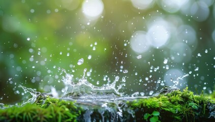 Close up of water droplets splashing on a moss covered log in a lush green forest Sunlight adds a magical bokeh effect in the background