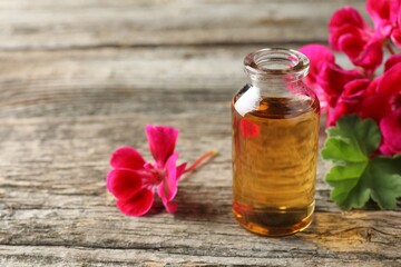 Bottle of geranium essential oil and beautiful flowers on wooden table, closeup. Space for text