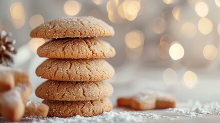 A stack of gentle holiday cookies sits enticingly against a softly blurred backdrop, evoking a warm festive spirit