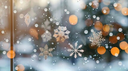 Delicate snowflake stickers and soft bokeh lights create a warm holiday ambiance through the window