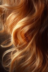 Fototapeta premium Long wavy hair features rich blonde and copper shades, creating an elegant and vibrant look against a dark backdrop.
