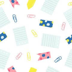 Back to school seamless pattern, school supplies background. Vector illustration in flat, naive, simple style. Template for notebook covers, pattern for wallpapers, textile