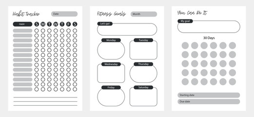 .Fitness goals. planner pages templates set. Organizer page, diary and daily control book. Life planners, monthly, weekly and days organizers or office schedule list. Graphic organization paper vector