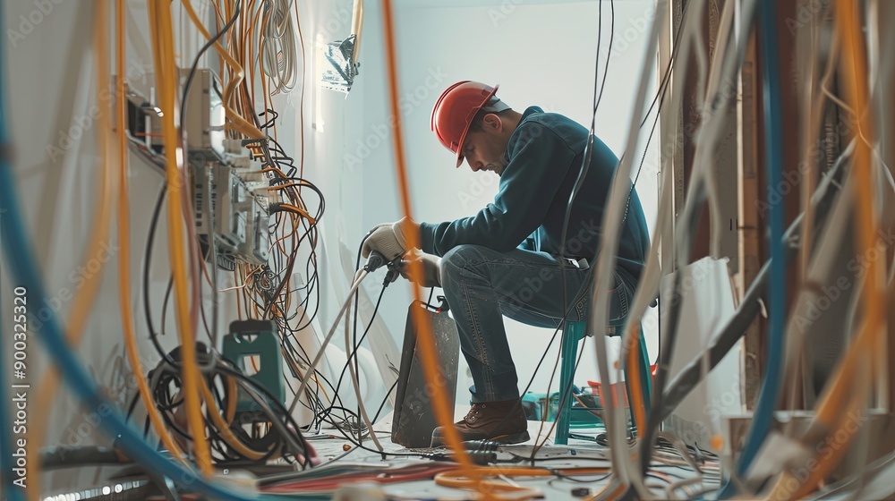 Aufkleber an electrician in a hard hat is working on wiring inside an open wall, focusing on safety and precis