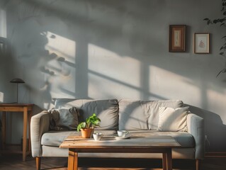 A living room with a couch and a coffee table. The couch is covered in pillows and a potted plant is on the coffee table. The room is well lit and has a cozy atmosphere
