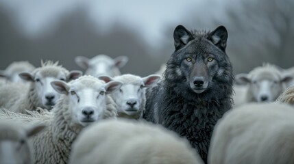 Obraz premium A wolf stands in front of a herd of sheep