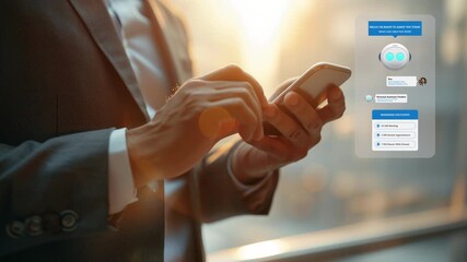 A business professional uses a smartphone displaying an AI chatbot personal work assistant