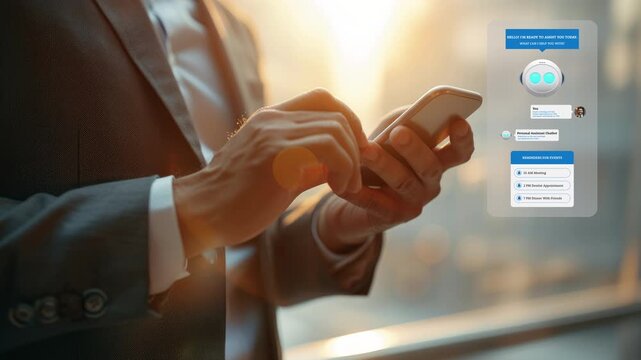 A business professional uses a smartphone displaying an AI chatbot personal work assistant