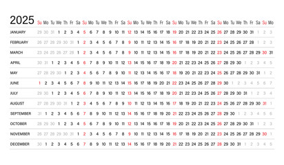 The calendar is linear for 2025. Calendar planner for the year. A schedule template with months. The week starts on Sunday. Horizontal, landscape orientation, English. The organizer of the agenda.