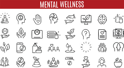 Meditation line icons set . Zen, relaxation, mental wellness. Yoga practice and healthcare. well being , Inner Peace, Self-knowledge, Spiritual Practice