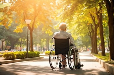 Obraz premium Elderly man in wheelchair enjoying outdoor park with trees and benches on a sunny day.