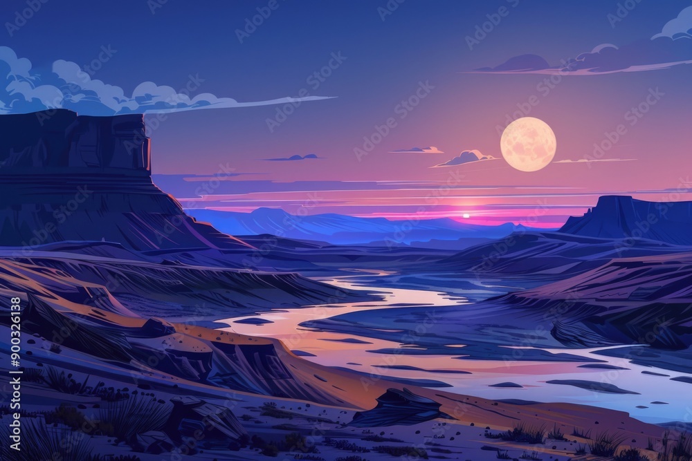 Poster a serene desert landscape with a winding river running through it, suitable for travel or nature-rel