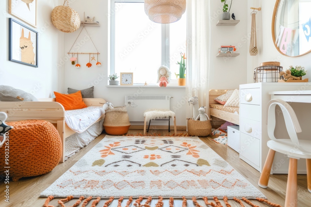 Wall mural cozy nursery with orange and white decor