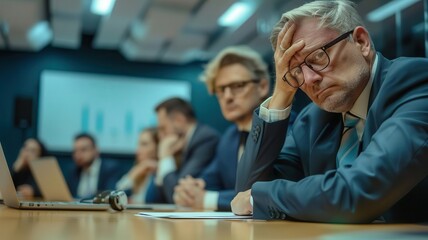 A tense business meeting where stressed professionals express concerns about upcoming decisions and their impacts on the organization.