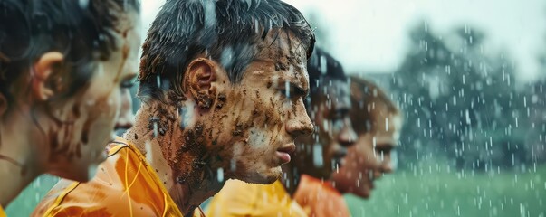 Intense moment of determination captured in the rain-soaked faces of athletes, showcasing resilience and teamwork in competition.