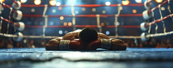 A defeated boxer lies on the canvas, capturing the intense emotion of combat and determination in the ring.