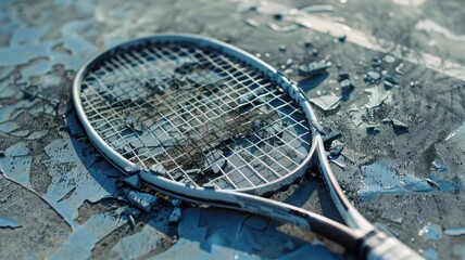 A close-up of a wet tennis racket resting on a cracked court, showcasing the aftermath of a recent rain, emphasizing sports resilience.