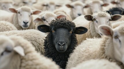 Obraz premium A black sheep stands out in a herd of white sheep