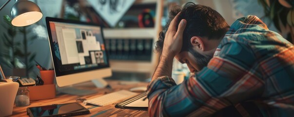A frustrated person experiencing stress while working on a computer in a home office setting.