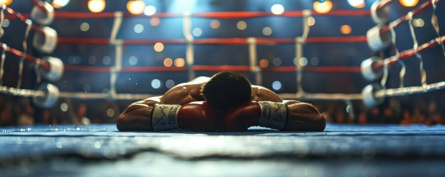 A defeated boxer lies on the canvas, capturing the intense emotion of combat and determination in the ring.