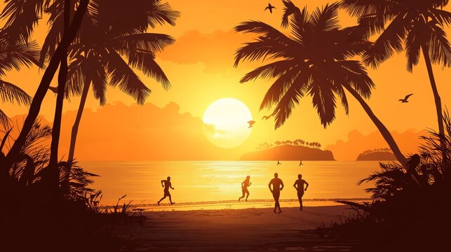 A group of people are running on a beach at sunset