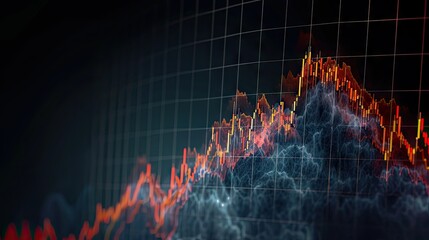 Closeup financial chart with uptrend line candlestick graph in stock market on blue color monitor background