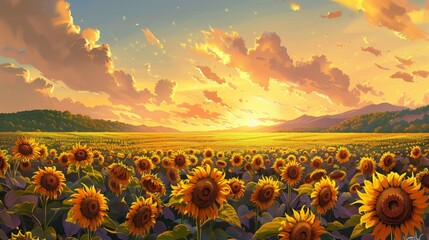 Obraz premium A field of yellow sunflowers with a beautiful sunset in the background