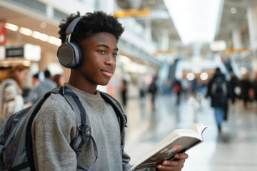 Young traveler at a busy airport terminal, wearing noise-cancelling headphones, calmly reading a book
