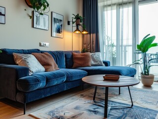 A blue couch with pillows and a coffee table in the middle of the room. The room has a modern and cozy feel