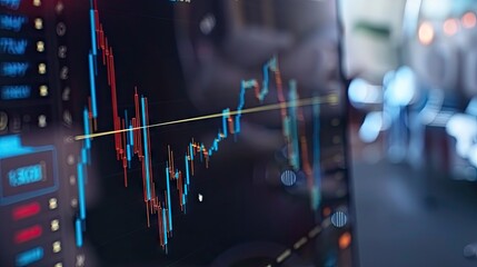 Closeup financial chart with uptrend line candlestick graph in stock market on blue color monitor background